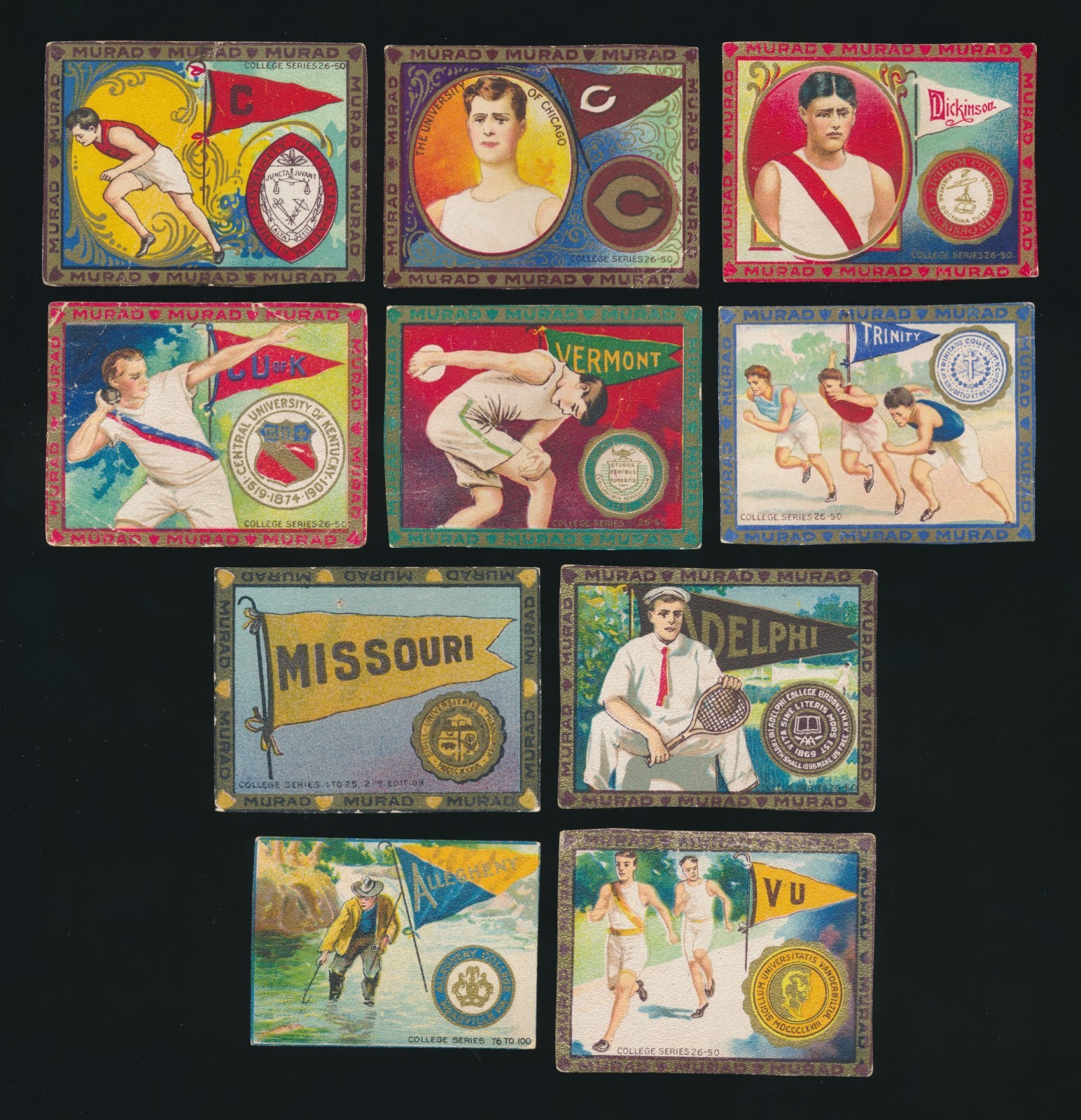 1910 T51 Murad Cigarettes COLLEGE SERIES -Lot of (10) Different *TRIMMED*