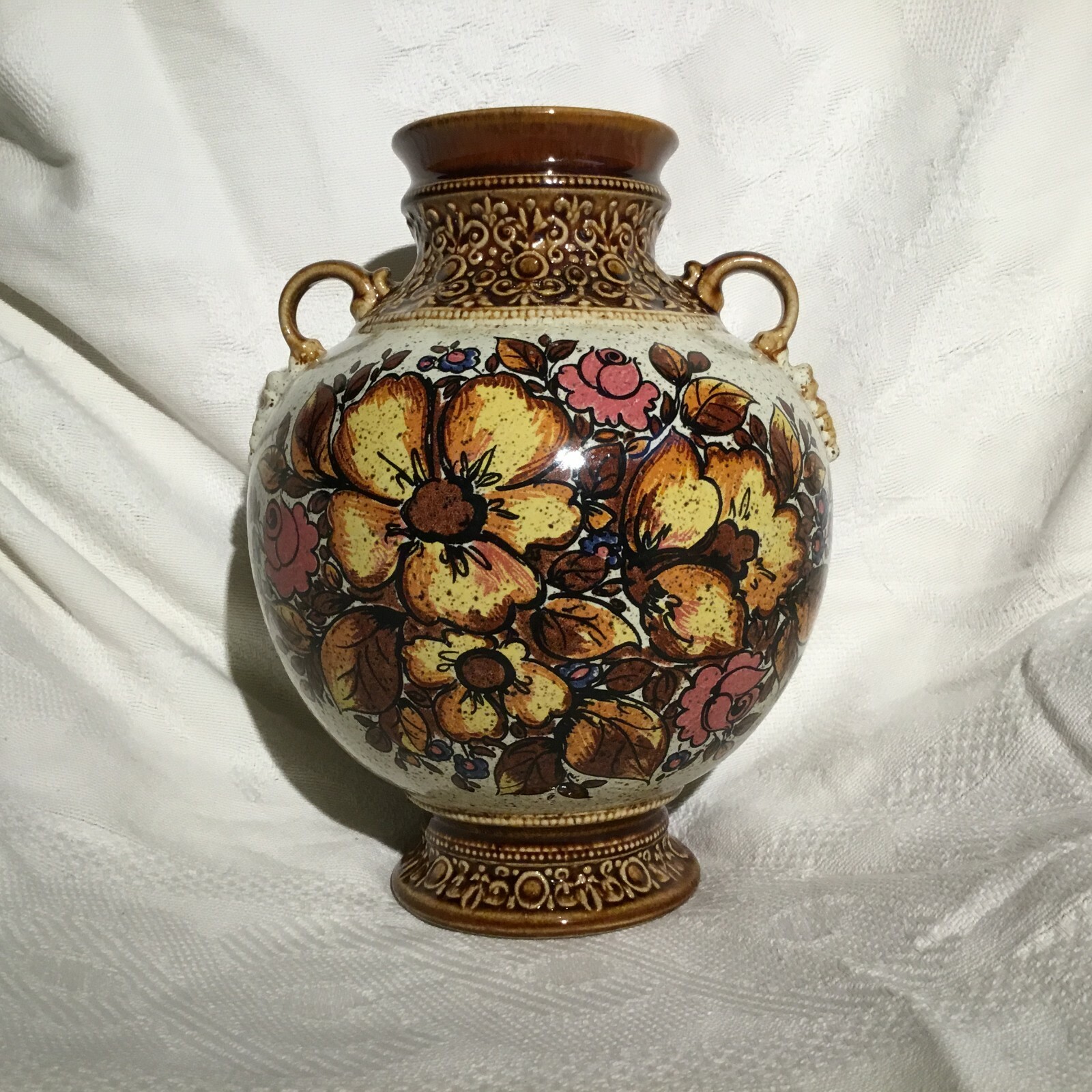 Vtg Hand Painted Pottery Glazed Brown Embossed FLORAL Double Handles 10\