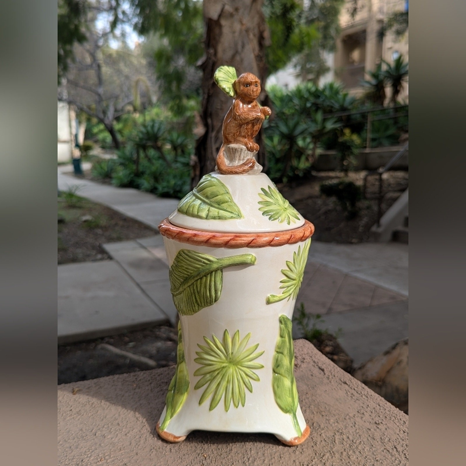 American Atelier Porcelain Monkey Cookie Jar Palm Trees Discontinued 13.25\