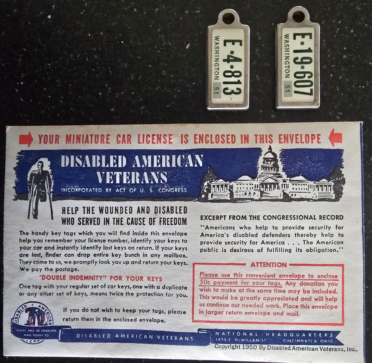 VTG 1951 Washington State Disabled Veterans Miniature Car License Tags