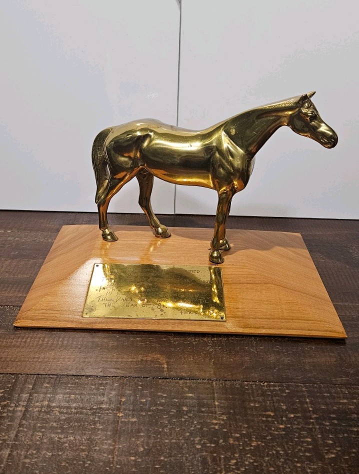 1981 Vintage Brass Horse Ornament on Wooden Base 