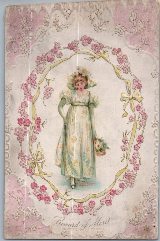 Art Nouveau Embossed Reward of Merit 1907 Card Young Woman