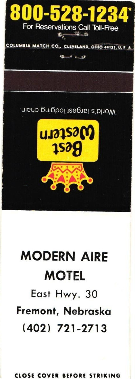 Modern Aire Motel Fremont Nebraska Best Western Vintage Matchbook Cover 1970s