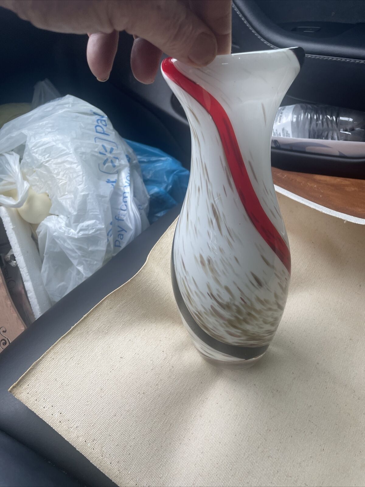 Vintage Swirl Pattern Glass Vase Black Red Stripe Brown Swirls 10” Tall Heavy