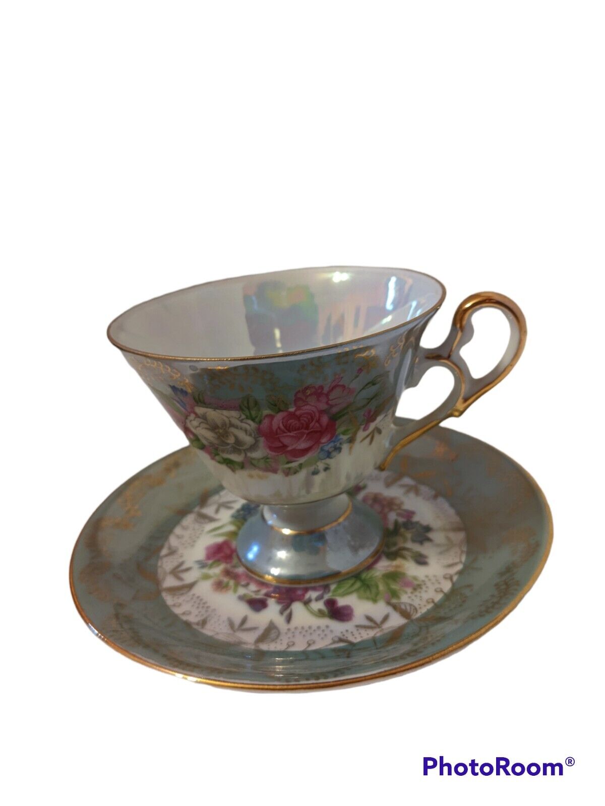 Norcrest China Tea Cup Saucer   Green  Pink Opalescent Footed Floral Roses 4 oz