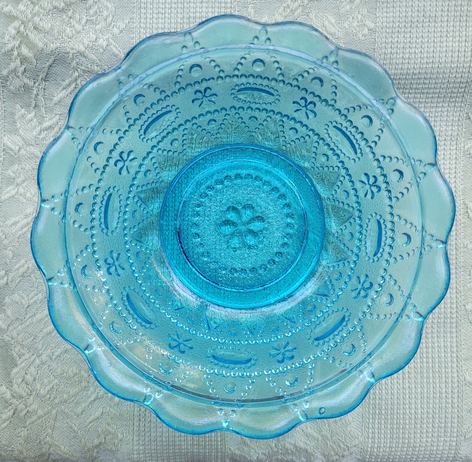 1970s Aqua Lace & Dewdrop Glass Berry Bowl - Kemple Wheaton