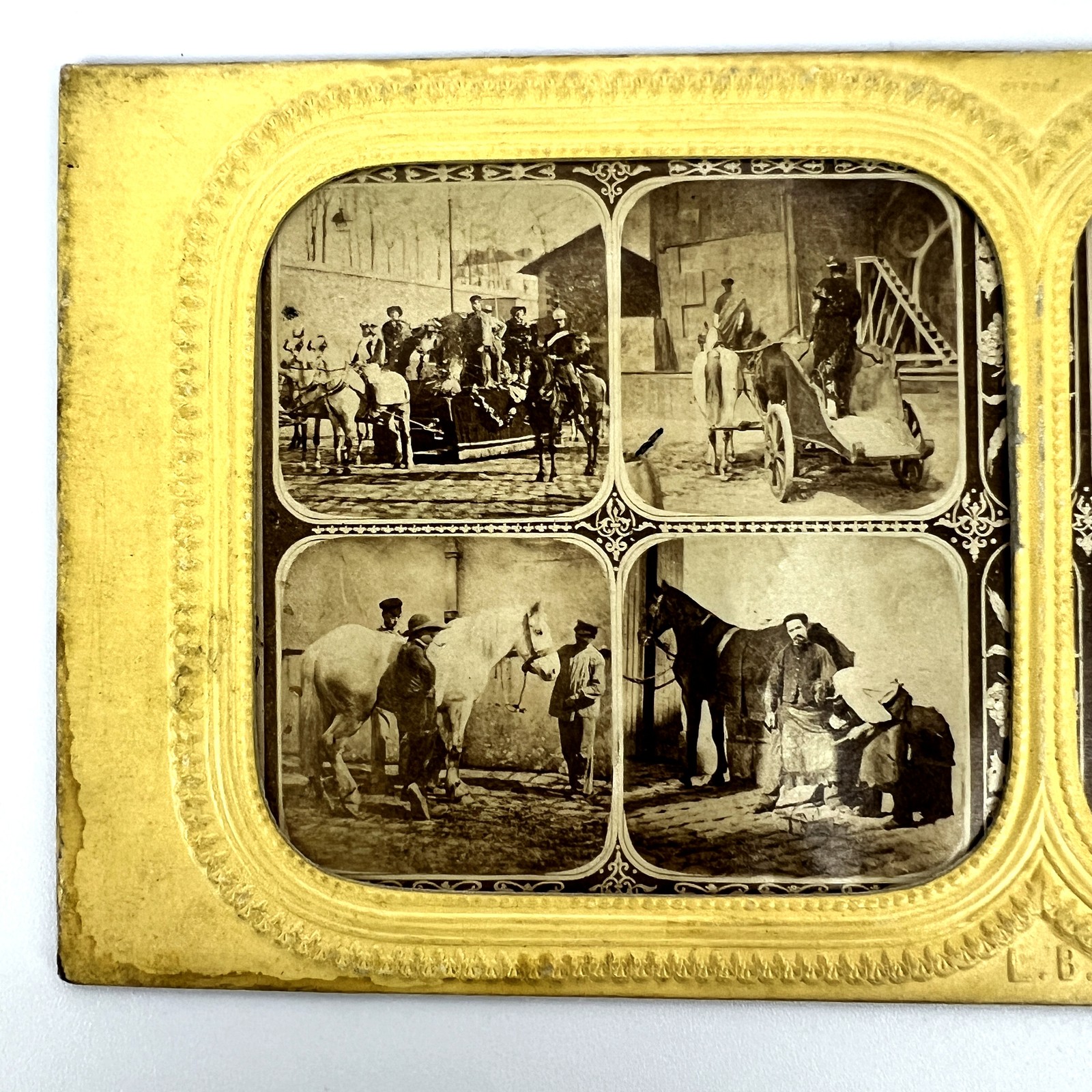 Antique French Stereoview Card LB Horse Blacksmith Carriage Photo Mount 1860s