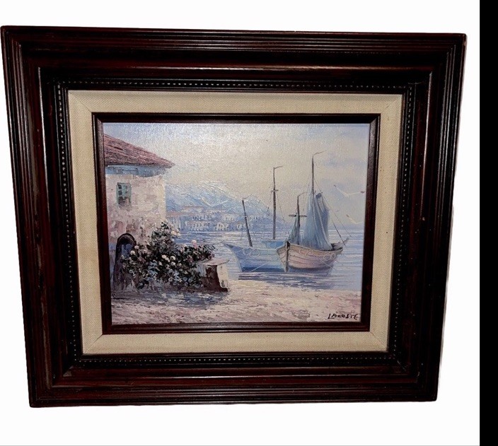 Vintage fun Paula Loomis Boats Harbor Oil Painting Framed 