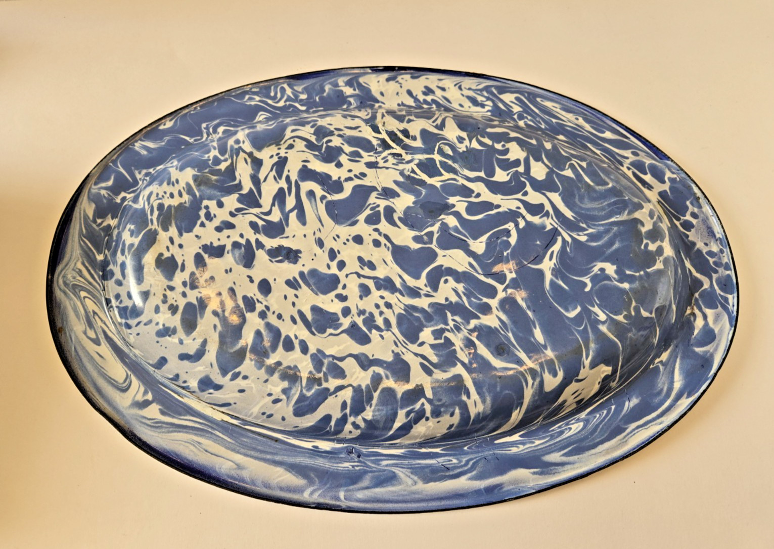 Vintage Blue White Swirl Enamelware Oval Meat Platter 14