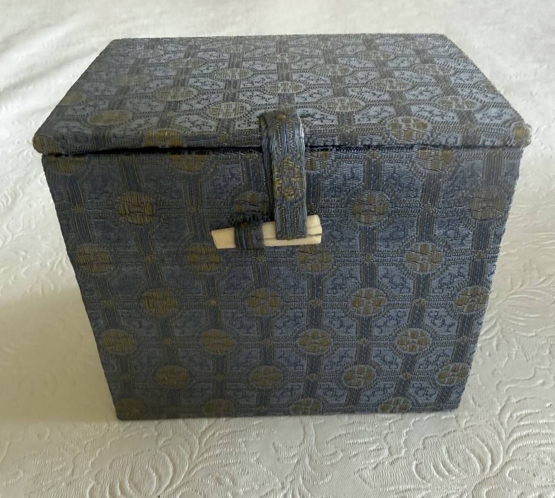 Vintage Blue Gold Brocade Fabric Storage Box Bone Latch Red Silk Interior