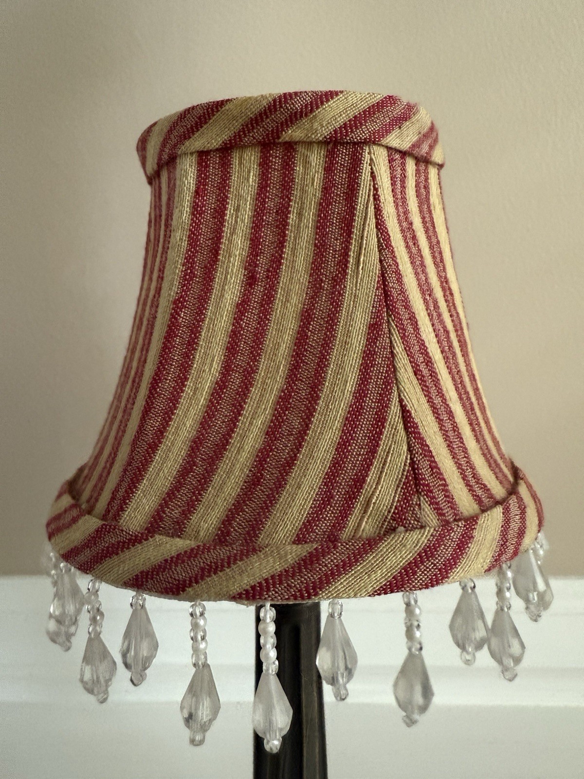 Vintage Victorian Red & Yellow Striped Fabric Clip On Lamp Shade W/Beaded Fringe