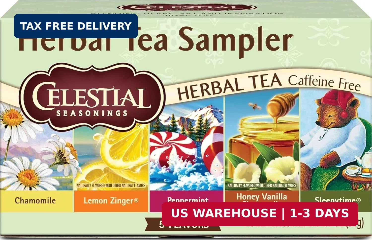Celestial Seasonings Herbal Tea Sampler Variety Pack, Caffeine Free, 18 Tea Bags