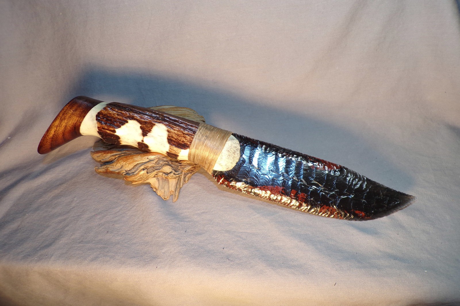 Large Triple Flow Obsidian Bowie Knife w Elk Antler & Walnut End Cap Handle