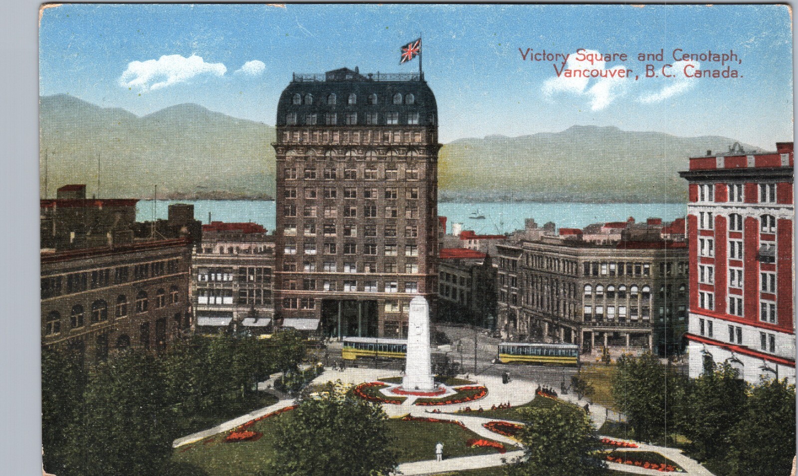 VICTORY SQUARE & CENOTAPH vancouver bc original antique postcard canada skyline