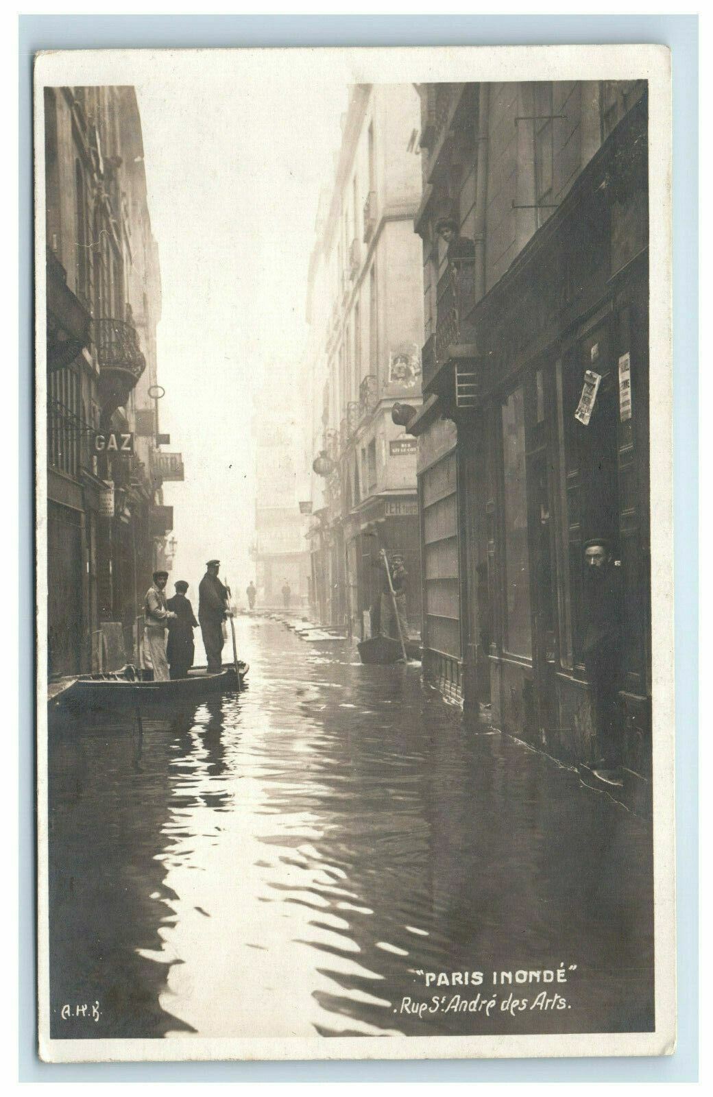 RPPC 1910 Great Flood of Paris Inonde Real Photo People on Boat Canoe Disaster