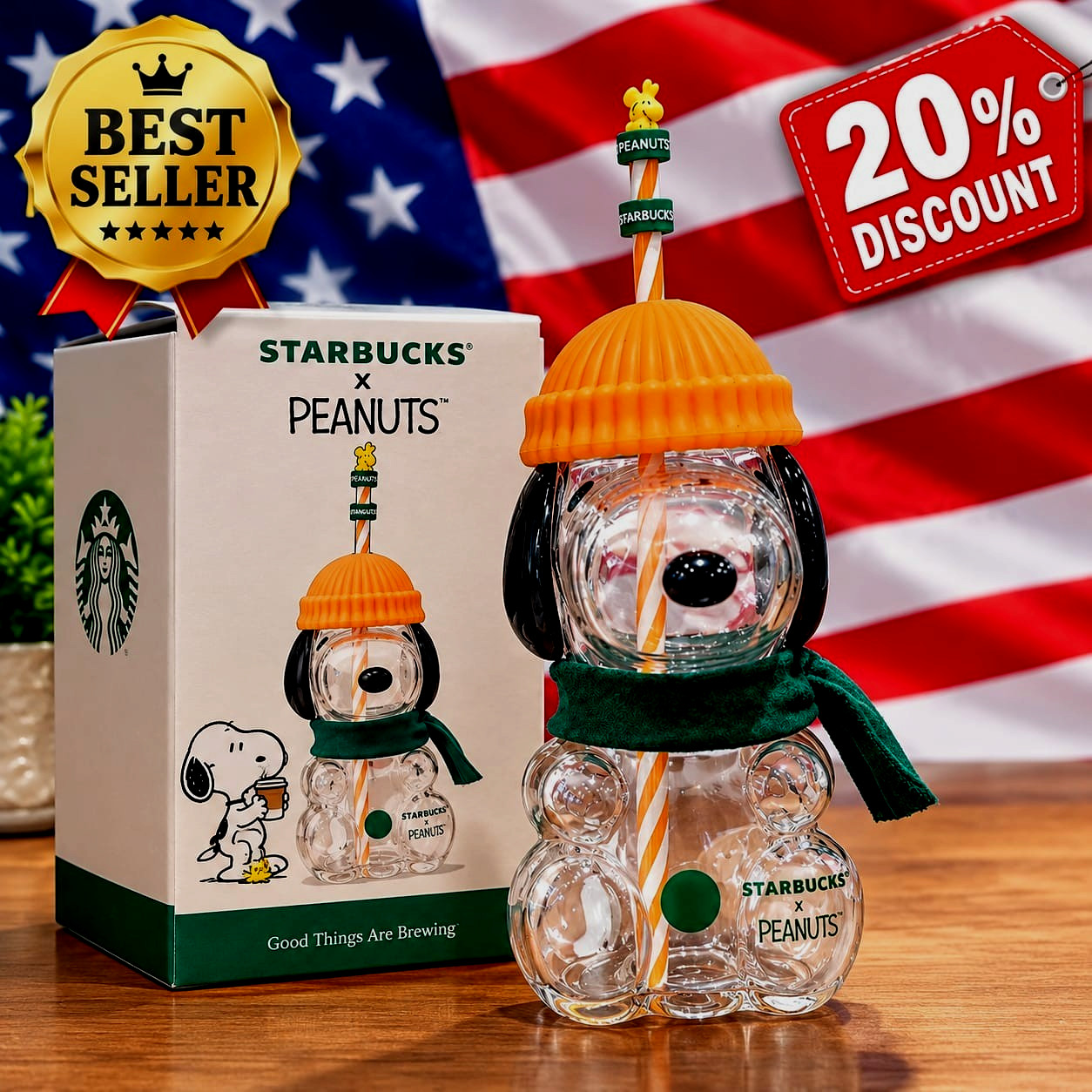 Starbucks x Peanuts Snoopy Glass Tumbler Cup Limited Edition w/ Box New Sealed