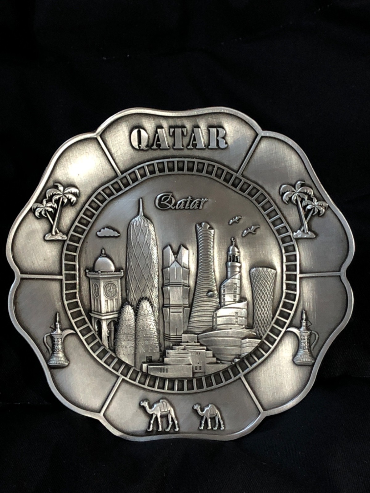 Rare Vintage Qatar Souvenir Decorative Metal Plate Doha Skyline Embossed 3D