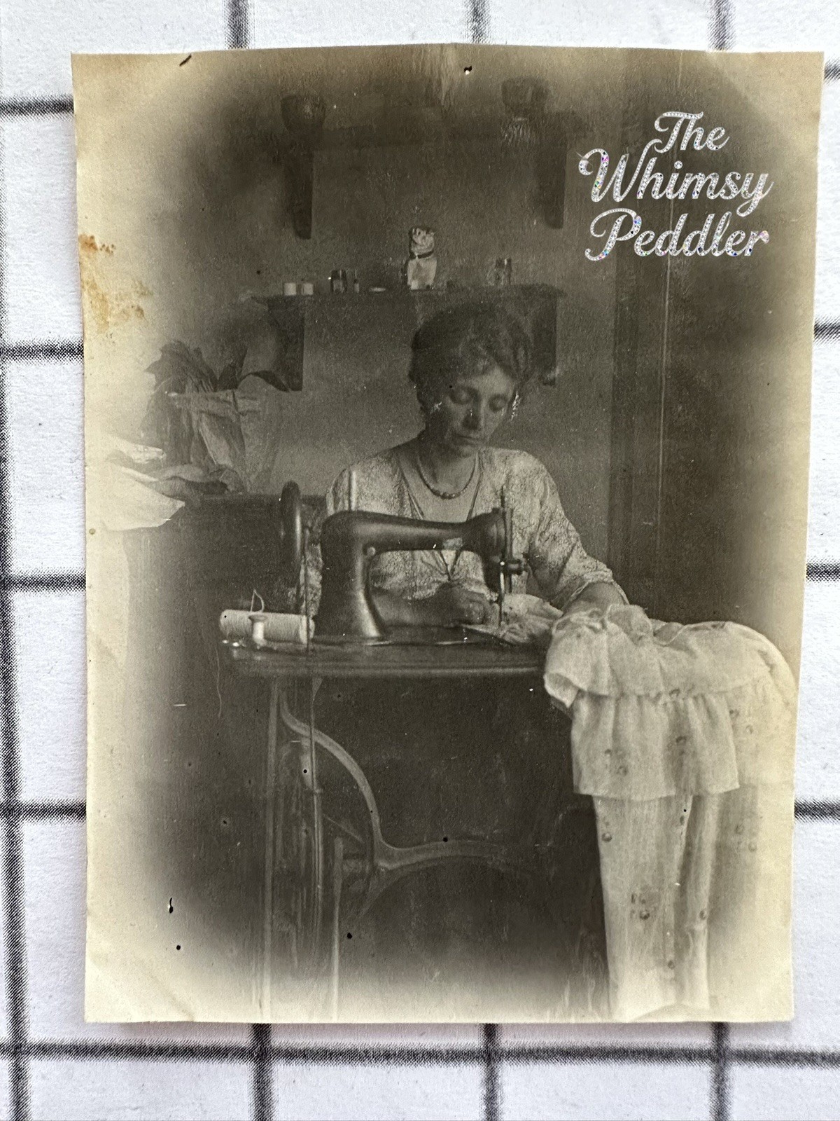 Antique 1921 Woman Sewing on Treadle Sewing Machine Interior Snapshot Photo