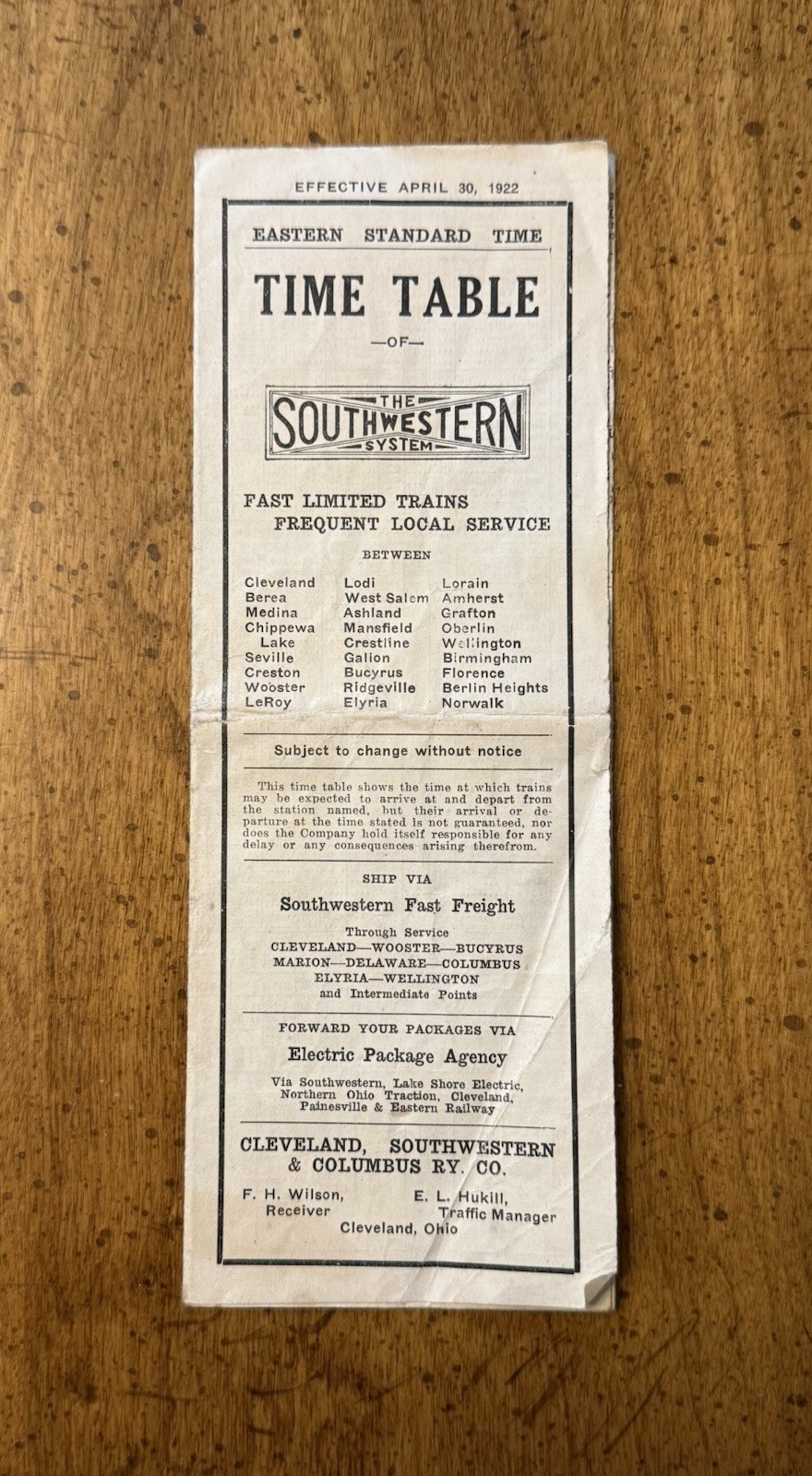 EARLY April 1922 Southwestern System Railroad Timetable Cleveland Columbus
