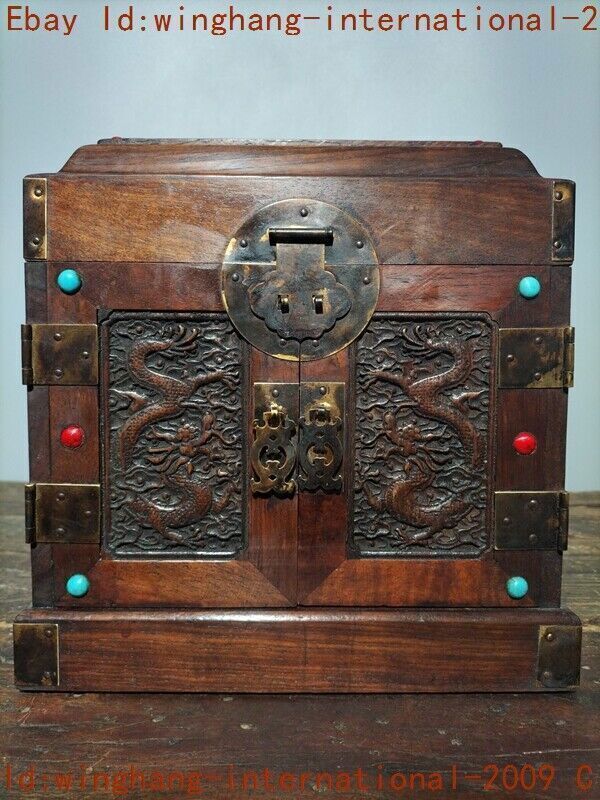 collect China old Wood inlay gem dragon statue storage box Jewelry Box