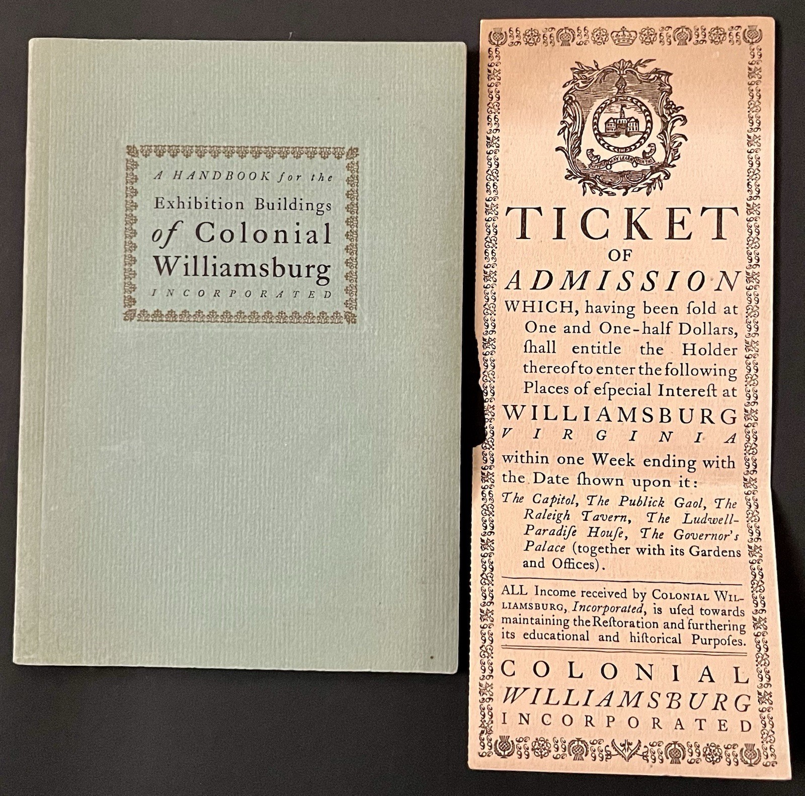 Vintage 1937-38 Handbook Exhibition Buildings Colonial Williamsburg VA Tickets