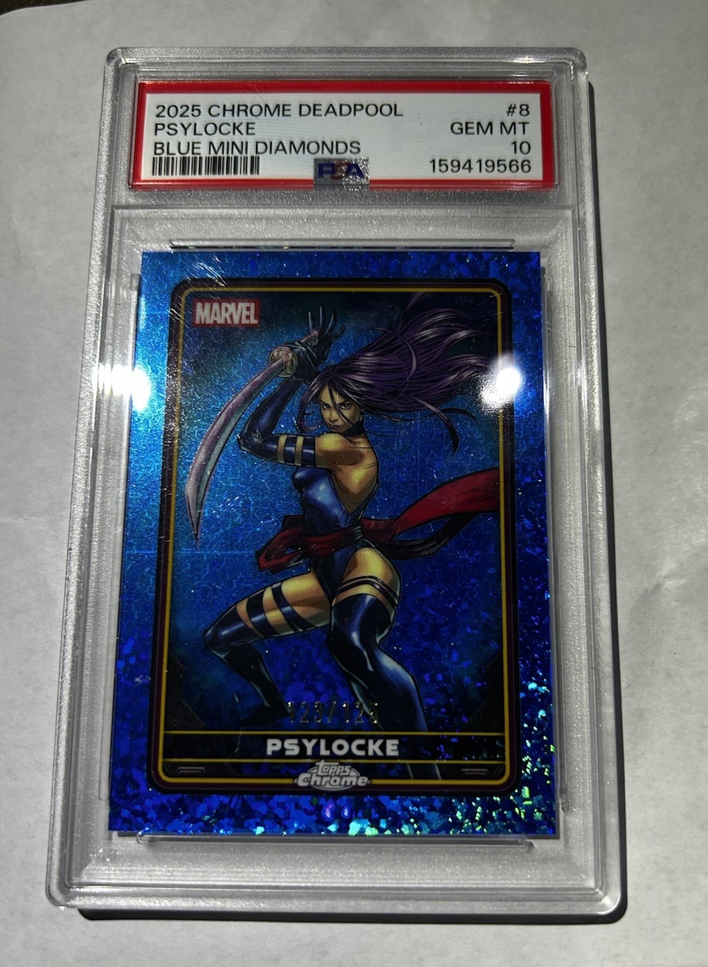 2025 Topps Chrome Deadpool Psylocke Blue Mini Diamonds /125 PSA 10 GM 🔥 POP 1