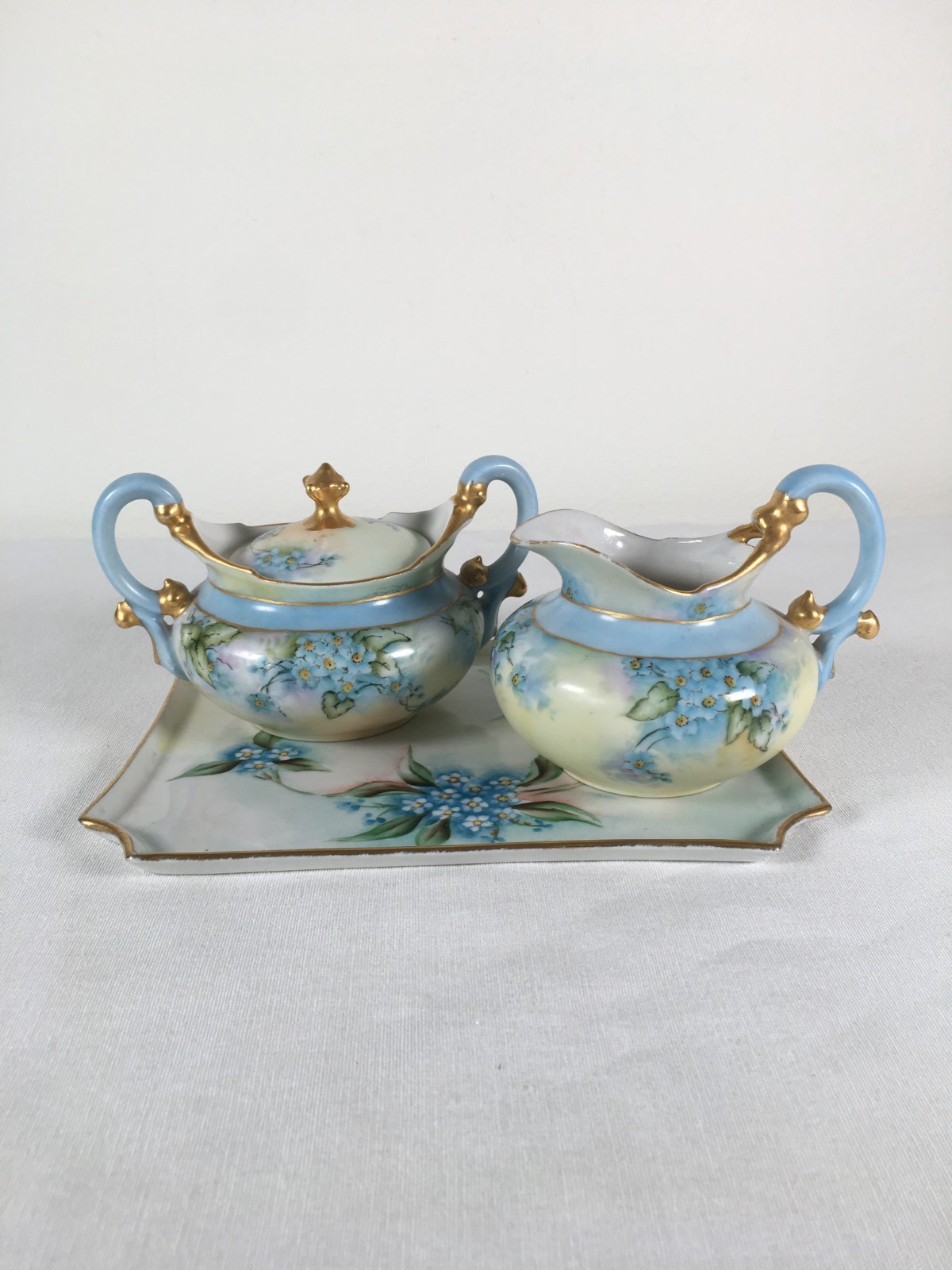 4pc Antique T&V Limoges Porcelain Cream & Sugar w/Lid & Serving Tray Blue Floral