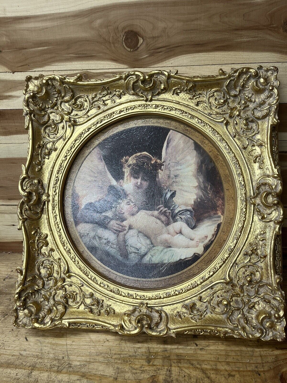 Vintage French Victorian Gold Frame Guardian Angel Gabriel Ferrier Art Replica