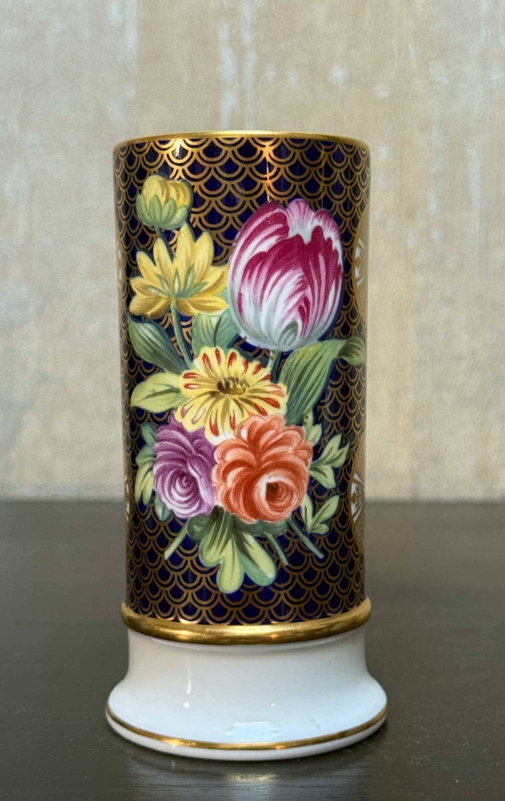Vintage Spode Regency Spill Vase F1648-K Fine Bone China Cobalt Gold Floral 4.75