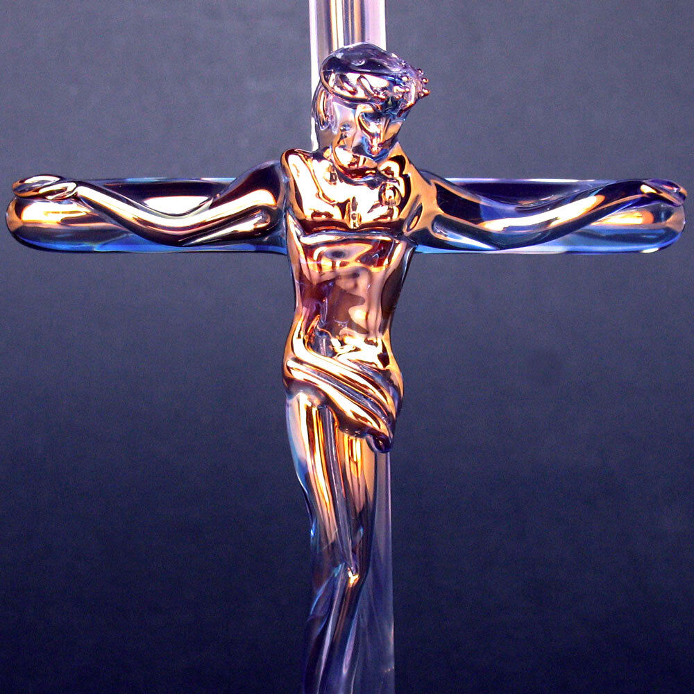 Crucifix Jesus Cross Figurine Blown Glass Crystal Gold 