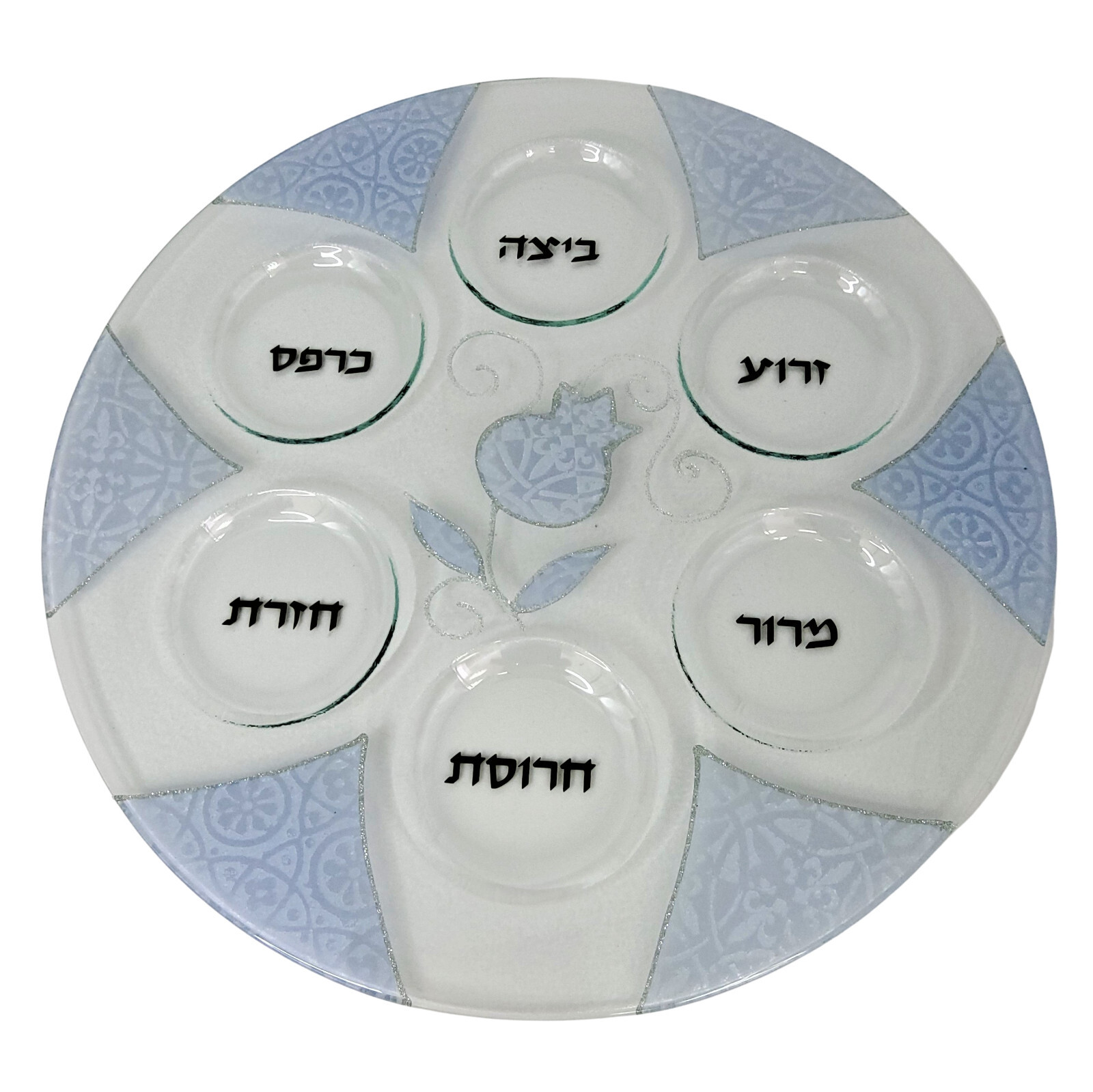 Unique Large Painted Glass Seder Plate for Passover Original Judaica Art Lt Blue Unique Large Painted Glass Seder Plate for Passover Original Judaica Art Lt Blue