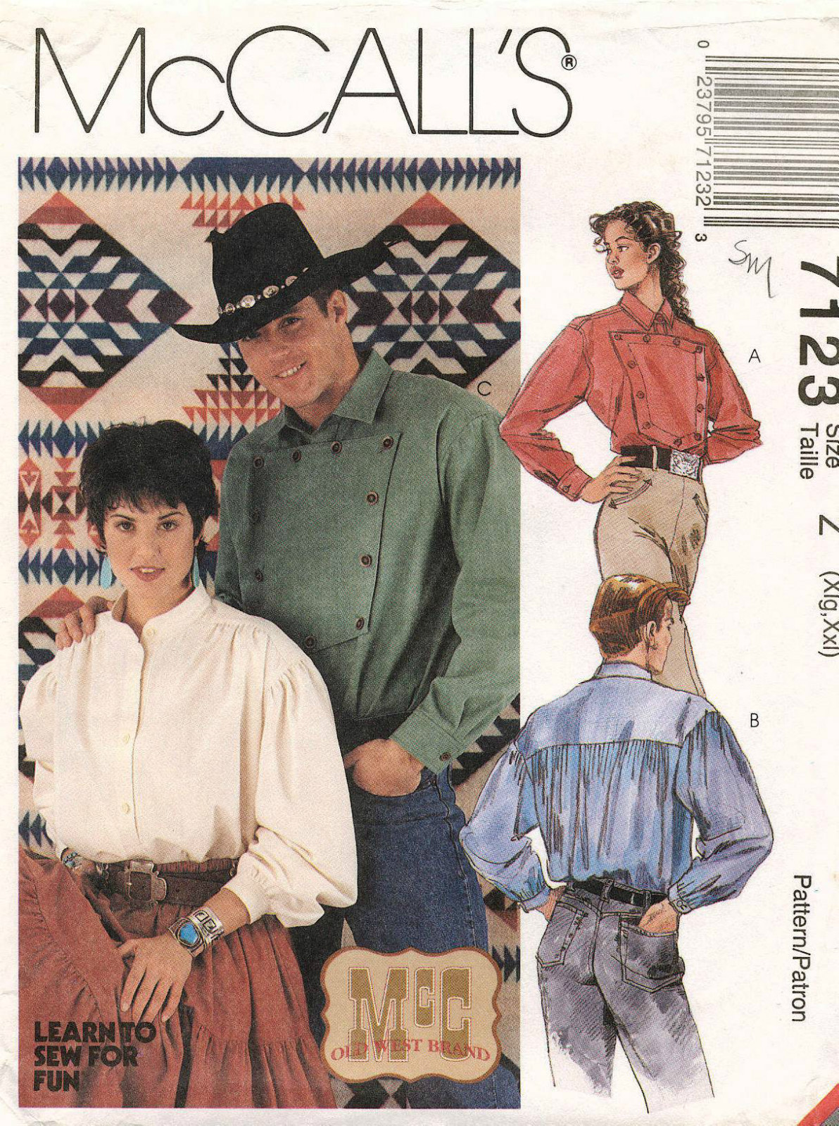 1990's VTG McCall's Men's and Misses' Western Shirts Pattern 7123 XL,XXL UNCUT
