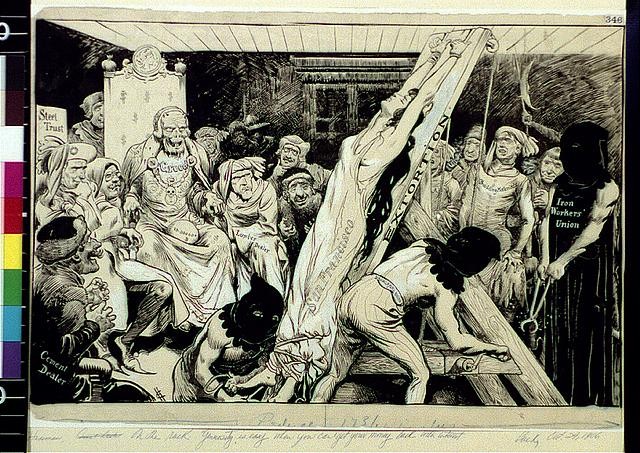 Photo:1906 On the Rack Labor Cartoon Steel Trust Iron Workers Union