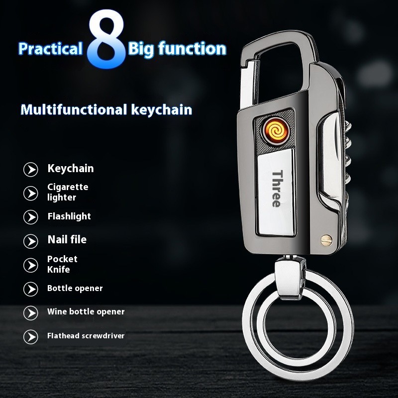 Multifunctional USB Rechargeable Lighter Keychain Bottle Opener LED Flashlight