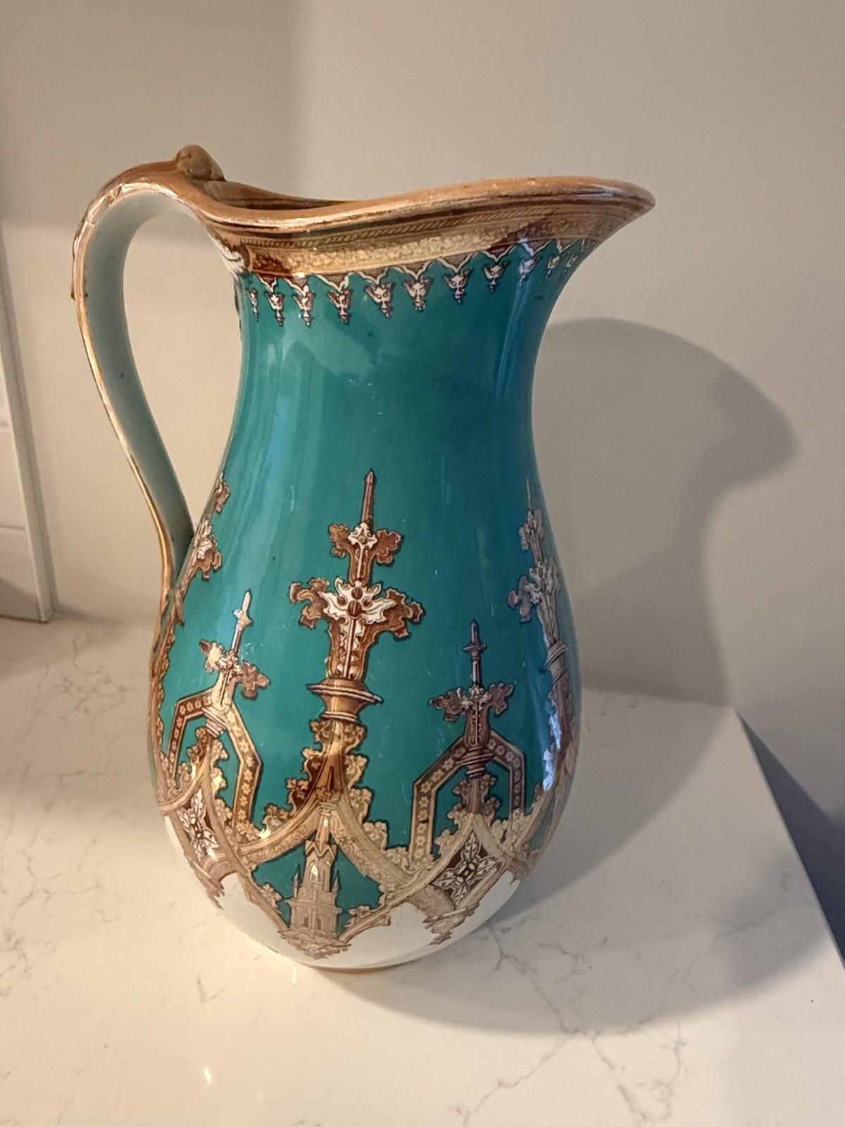 Antique Victorian Turquoise & Gold Gilt Porcelain Pitcher Gothic Revival Decor