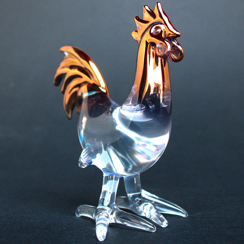 Rooster Chicken Figurine Hand Blown Glass Gold Crystal