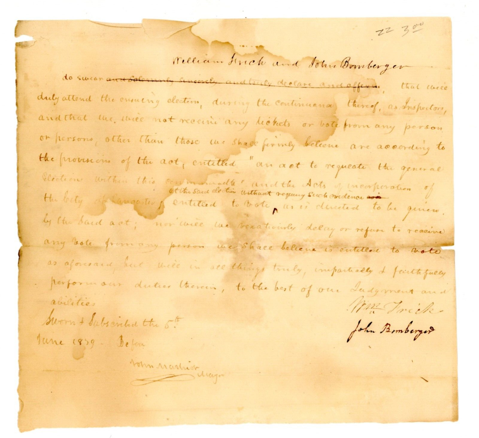 1839 Election Inspectors Oath Manuscript Signed Finch Bomberger Early Voting Law