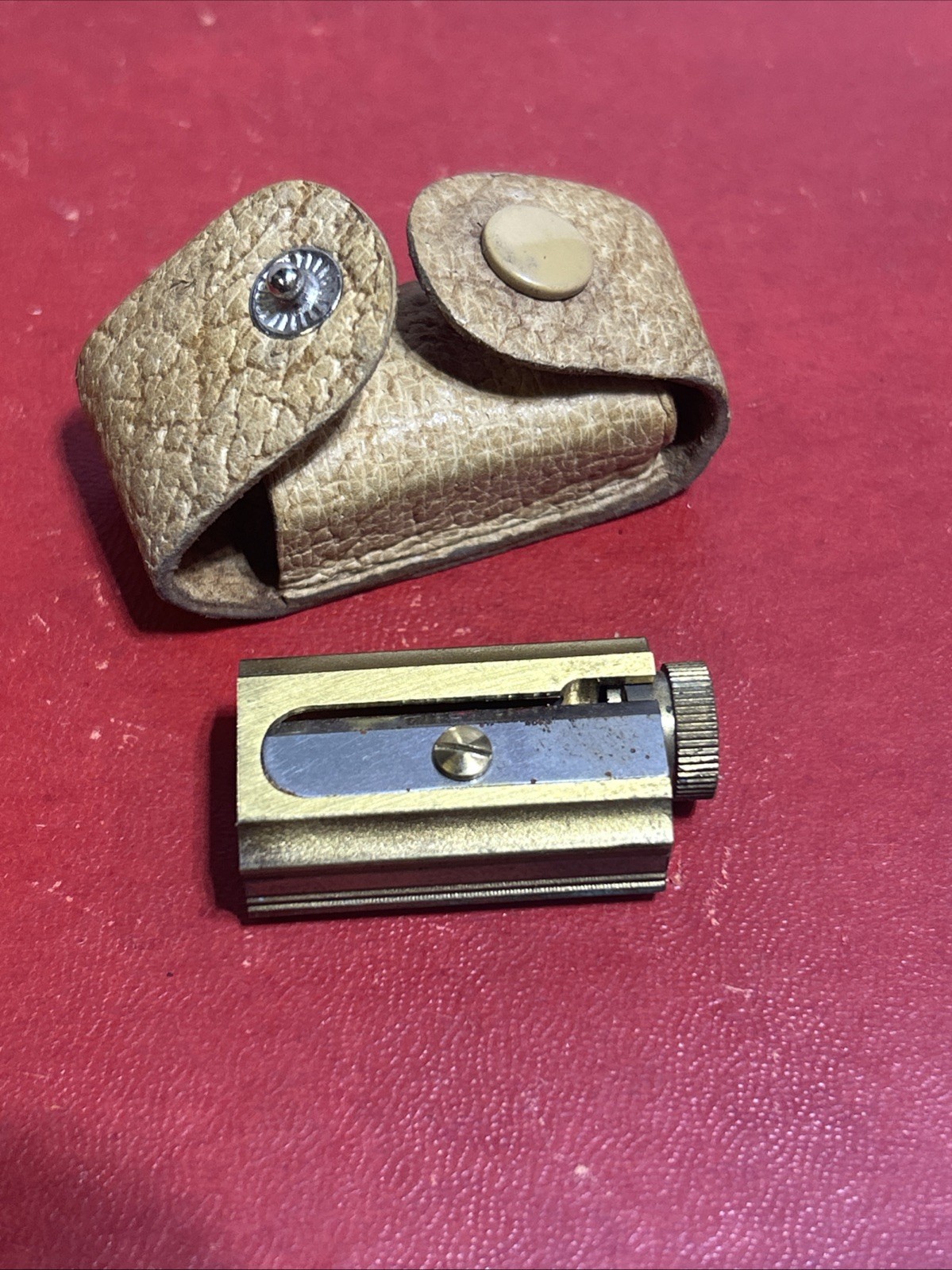 DUX Brass Adjustable Pencil Sharpener with Leather Case Vintage
