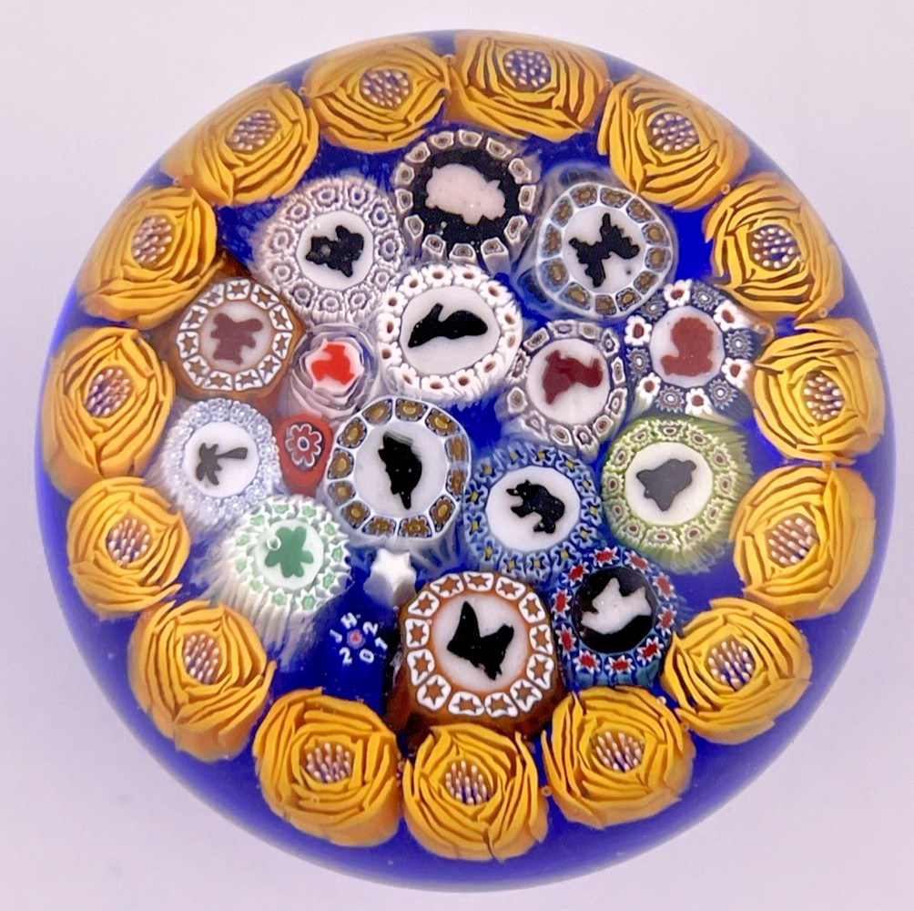 James Hart RARE 2012 Piedouche Millefiori-On Bright Blue Glass Paperweight 2.7