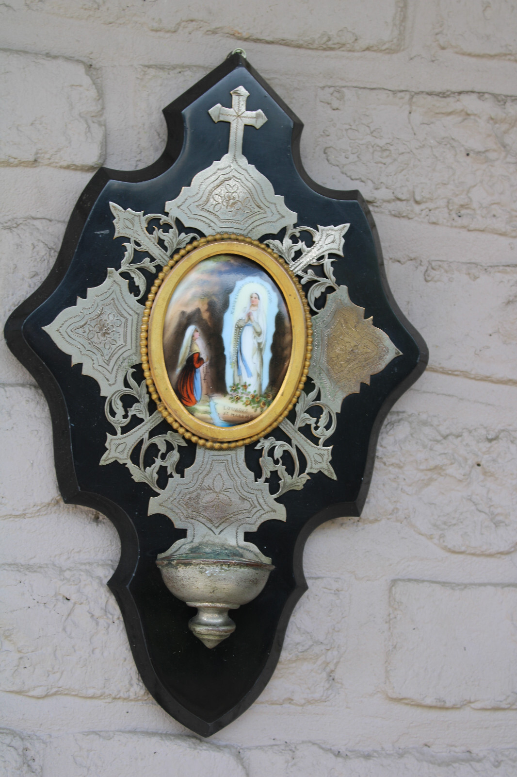 Antique LOURDES Bernadette porcelain medaillon marble plaque holy water font Antique LOURDES Bernadette porcelain medaillon marble plaque holy water font