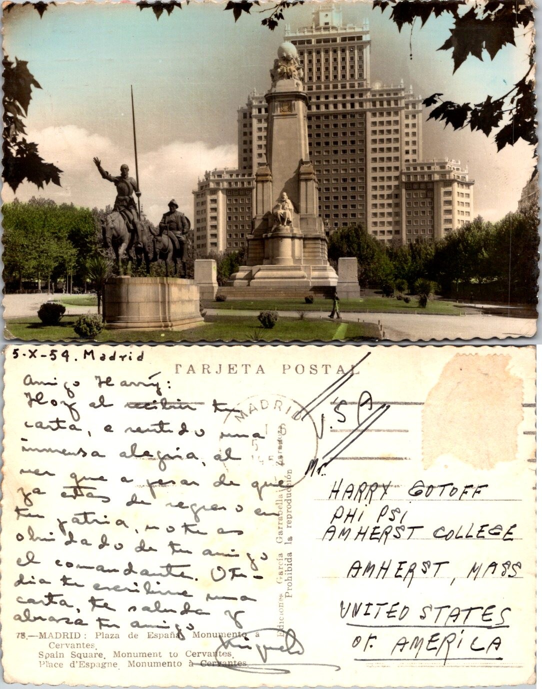 Madrid Spain Postcard Plaza de Espana and Cervantes Monument Madrid Spain Postcard Plaza de Espana and Cervantes Monument