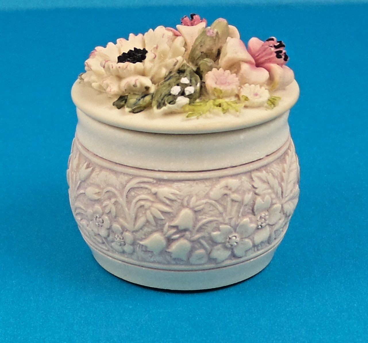 Vintage Handcast Designs Ltd. Small Round Trinket Box Floral Relief Hand-painted