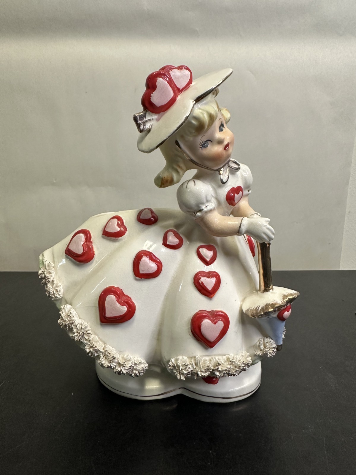 VTG Relpo A809 Valentine Lady Planter Girl Parasol Hearts Spaghetti Trim Japan VTG Relpo A809 Valentine Lady Planter Girl Parasol Hearts Spaghetti Trim Japan