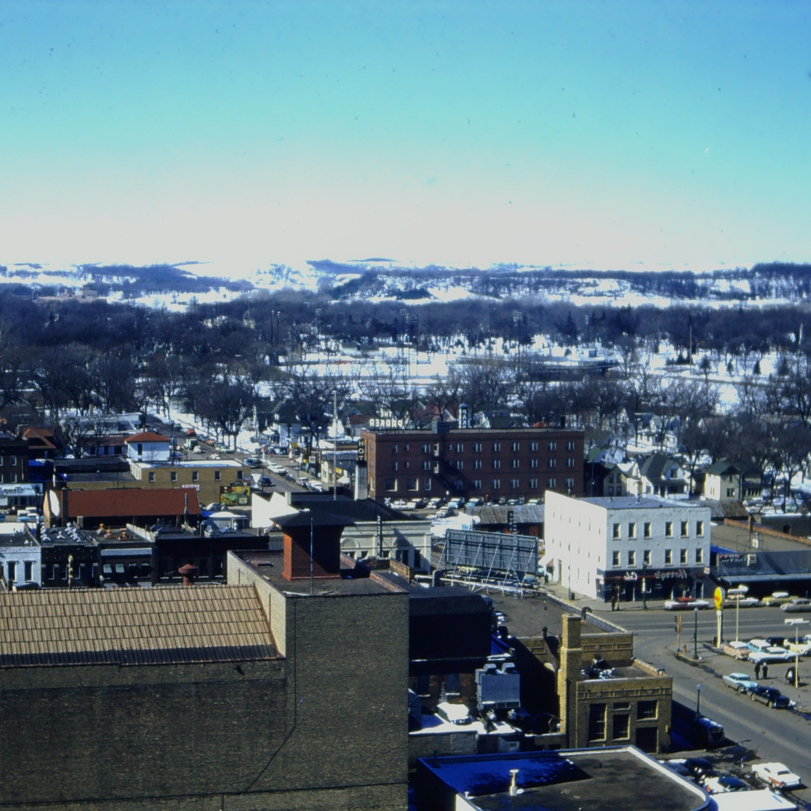 1959 Rochester, MN 35mm Slide Downtown Parker Hotel Snow Street View Cars