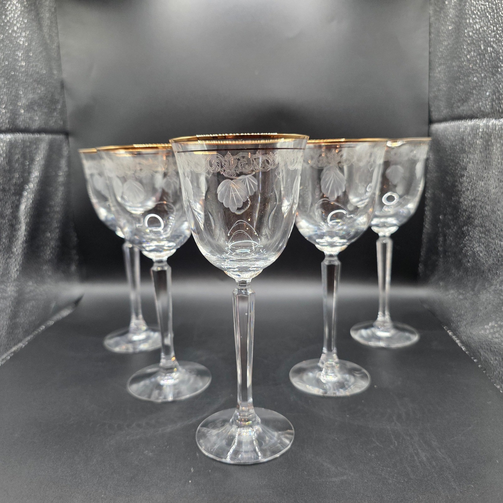 Lenox Classic Shell Crystal Wine Goblets Gold Rim Etched Set of 5 Glasses Vtg