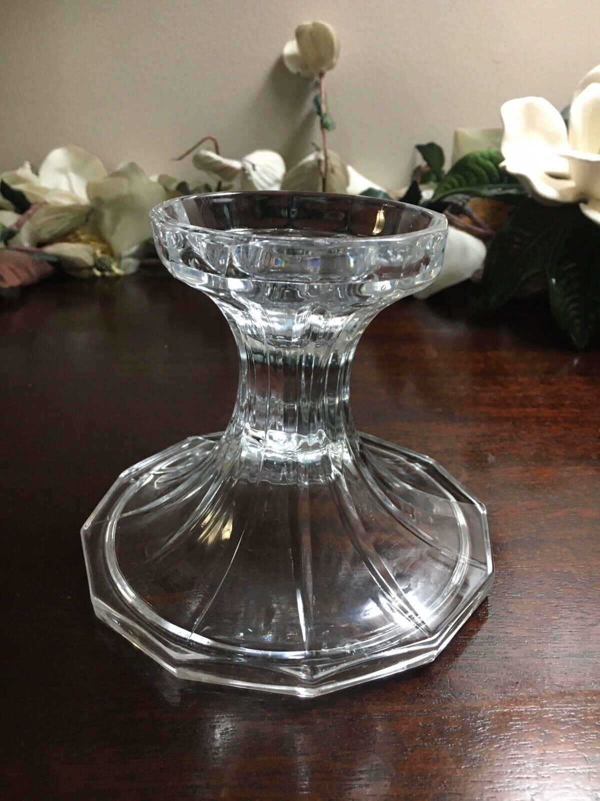 Clear Glass Candlestick Taper or 3”Pillar Candleholder Ribbed 12 Sided Base 4”T