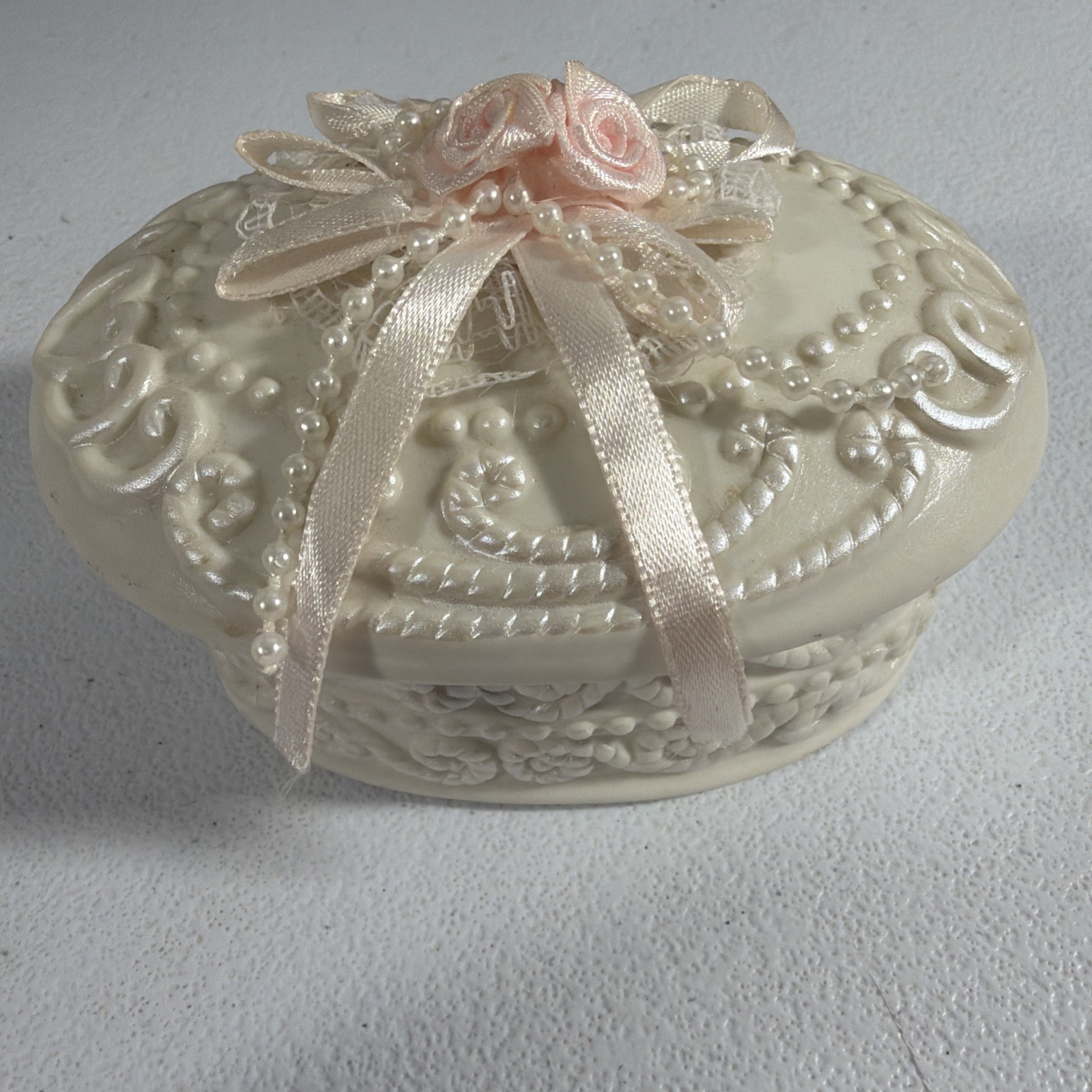Vintage Porcelain Bisque Ornate Victorian Trinket Box With Lid