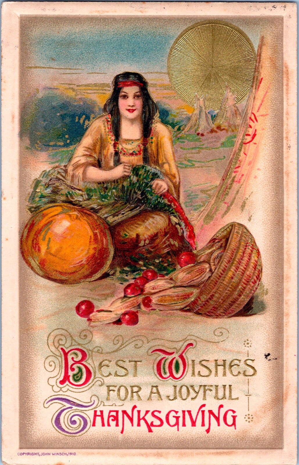 Vintage 1910 Schmucker Indian Winsch Girl, Harvest, Turkey Thanksgiving Postcard
