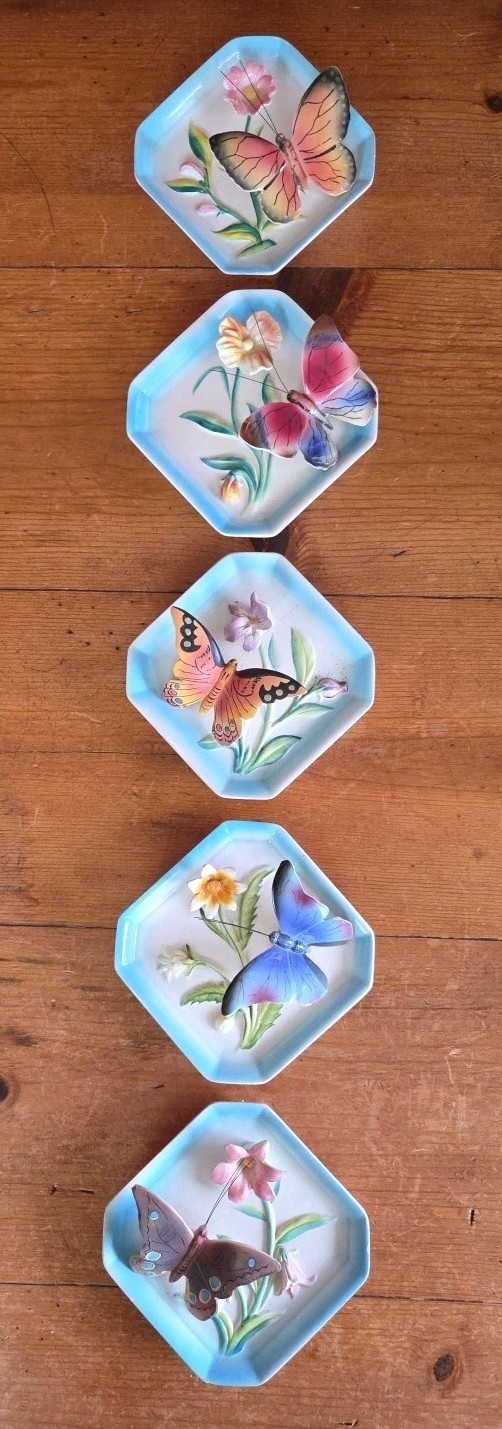 Napco Vtg 5 Porcelain Hand Painted Butterfly Trinket Dish Wall Hangers Japan 