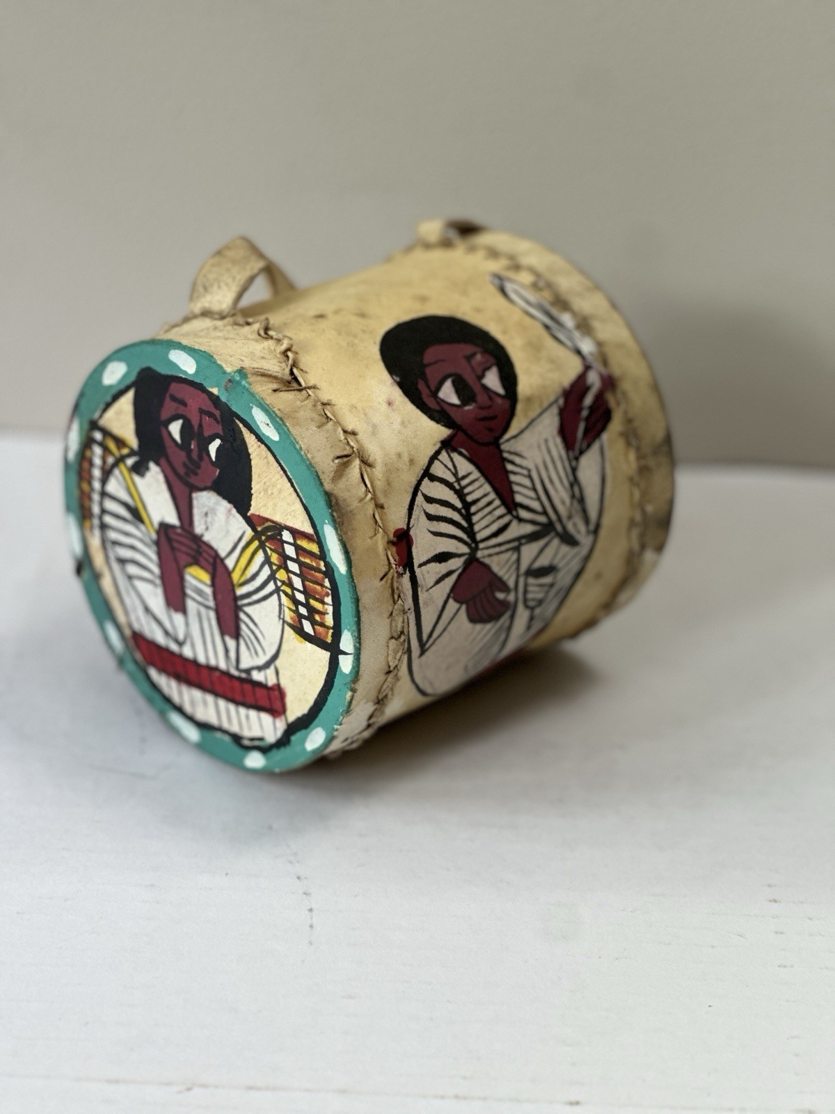 Vintage Ethiopian Folk Art Hand Painted Rawhide Drum African Coptic Decor